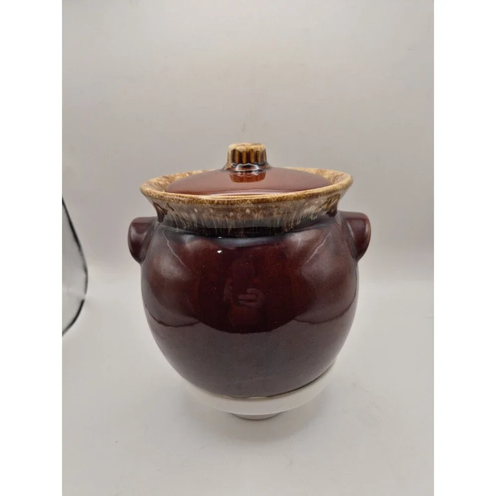 Hull Pottery Bean Pot Brown Drip Glaze Crock Jar Oven Proof Vintage Made In USA